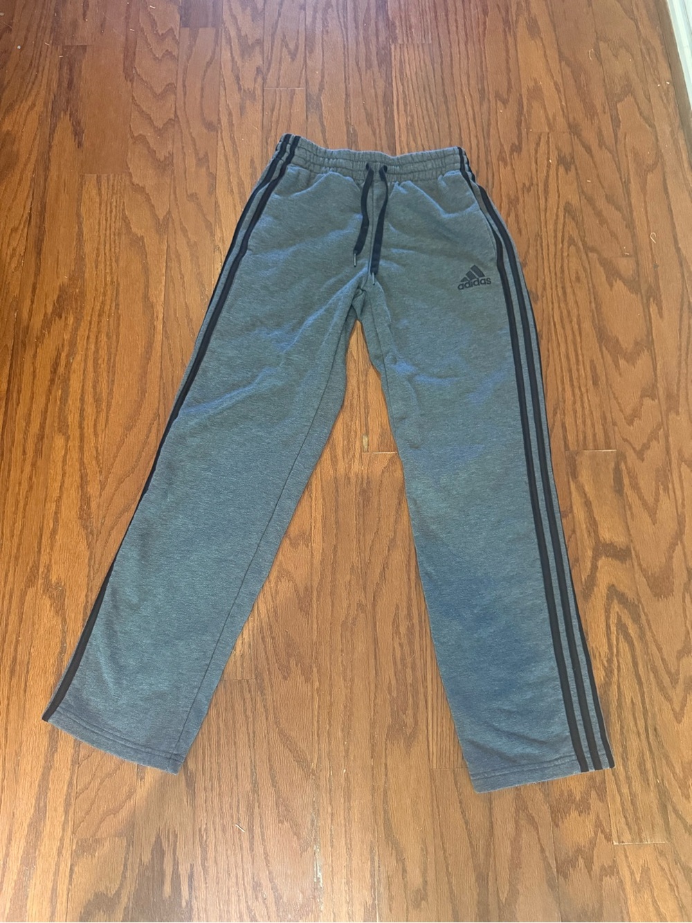 Adidas Men’s Gray Drawstring Track Pants with Black Side Stripes